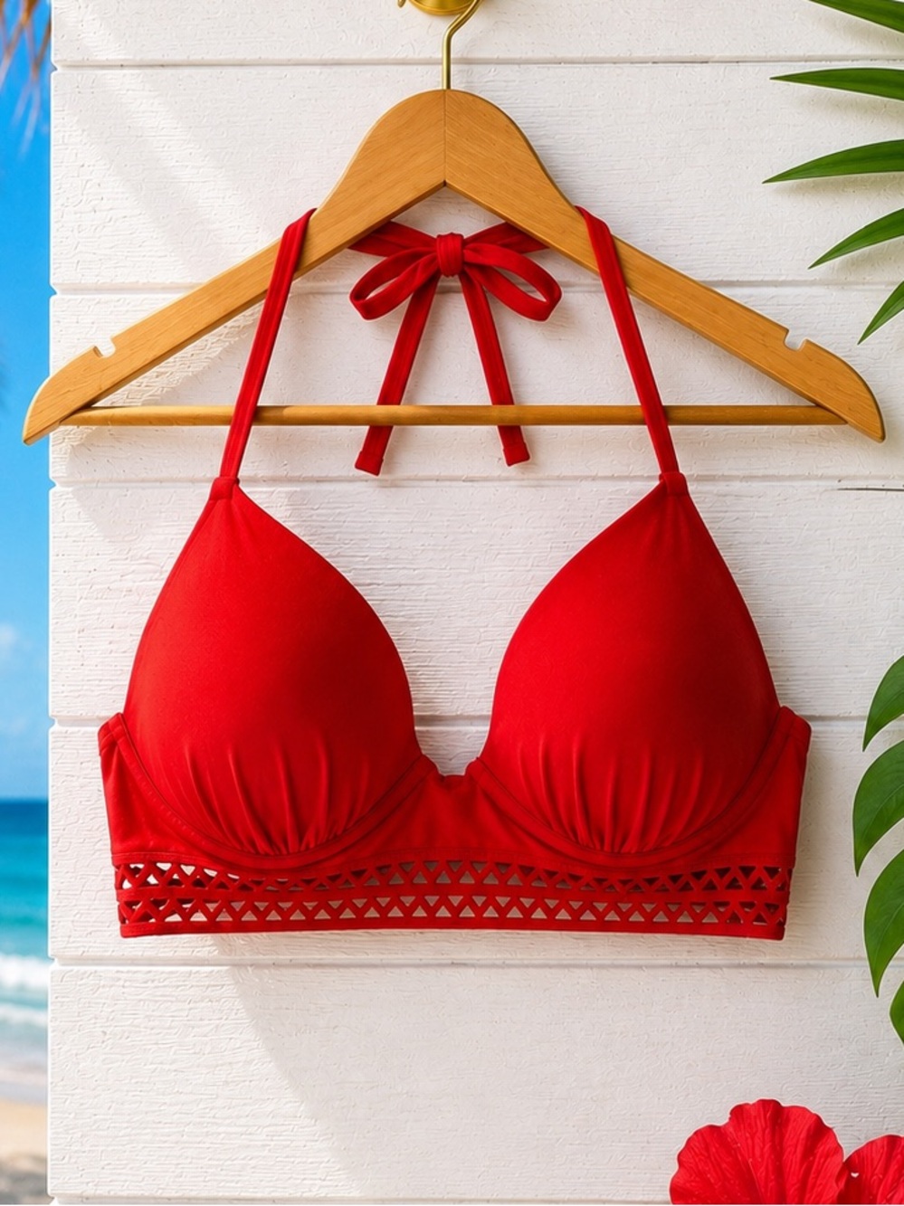 ❤️ Shade & Shore Red Underwire Cutout Bikini Top 36C NWOT